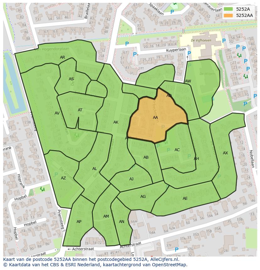 Afbeelding van het postcodegebied 5252 AA op de kaart.