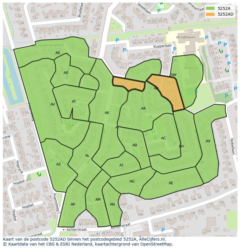 Afbeelding van het postcodegebied 5252 AD op de kaart.