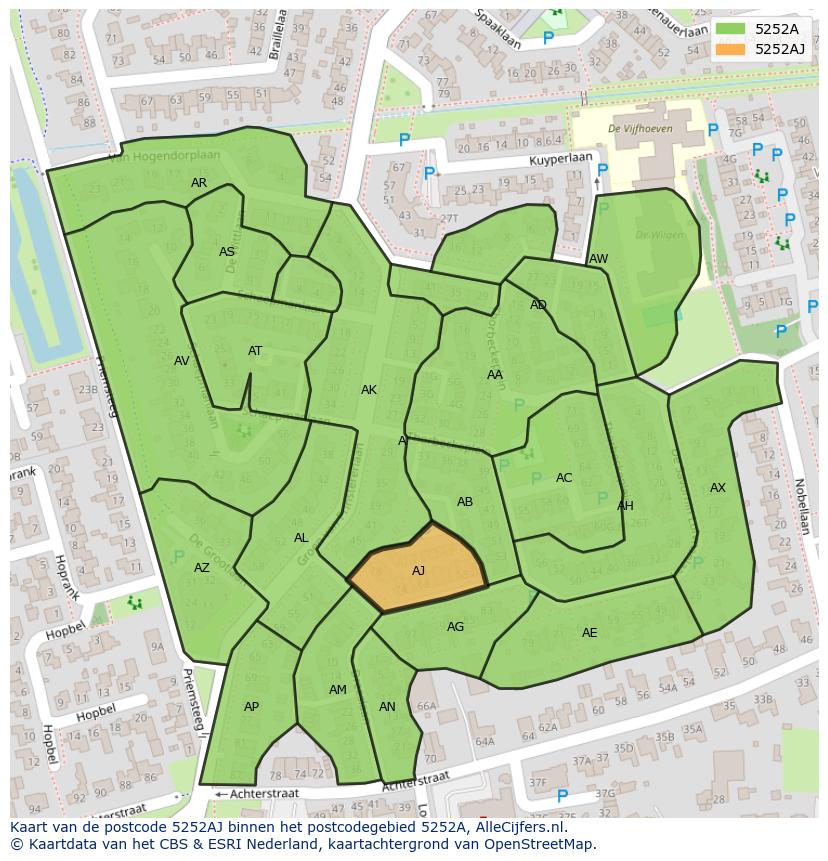 Afbeelding van het postcodegebied 5252 AJ op de kaart.
