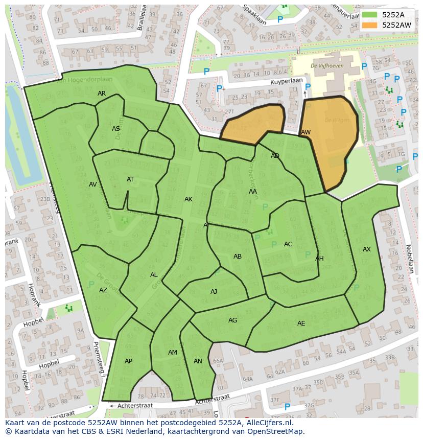 Afbeelding van het postcodegebied 5252 AW op de kaart.