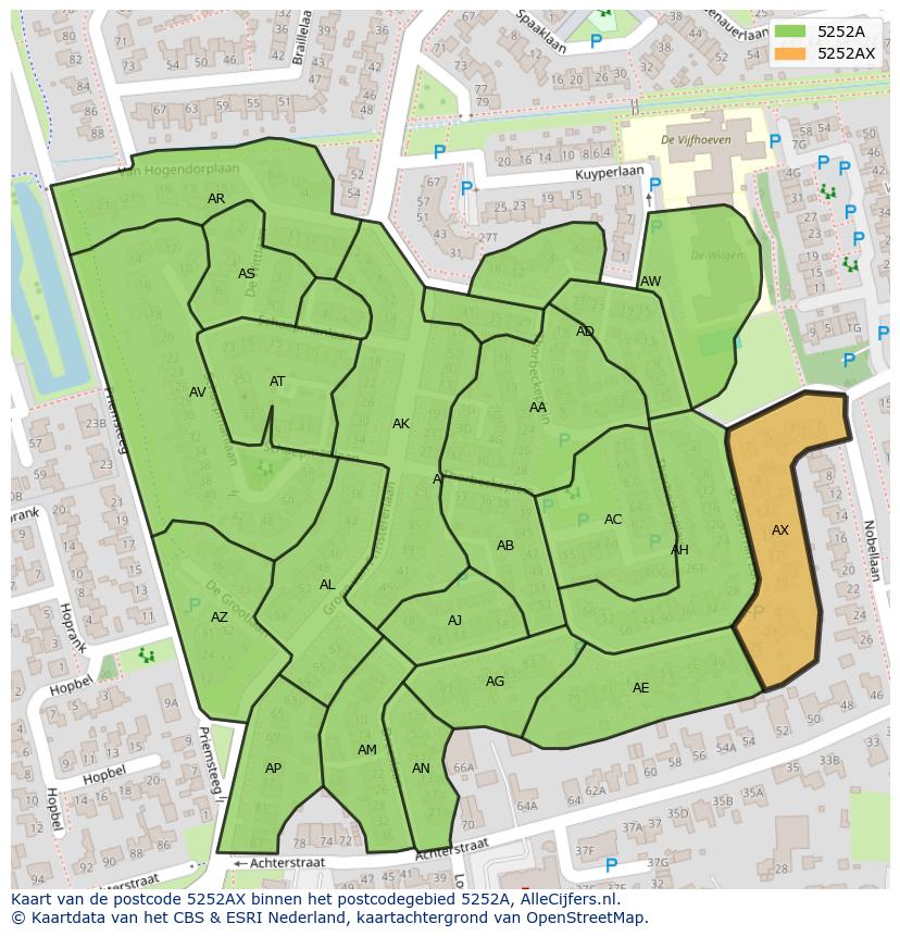 Afbeelding van het postcodegebied 5252 AX op de kaart.