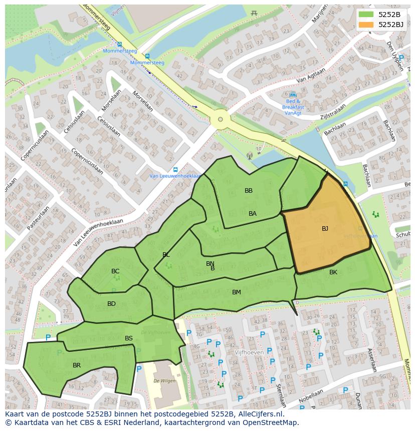 Afbeelding van het postcodegebied 5252 BJ op de kaart.