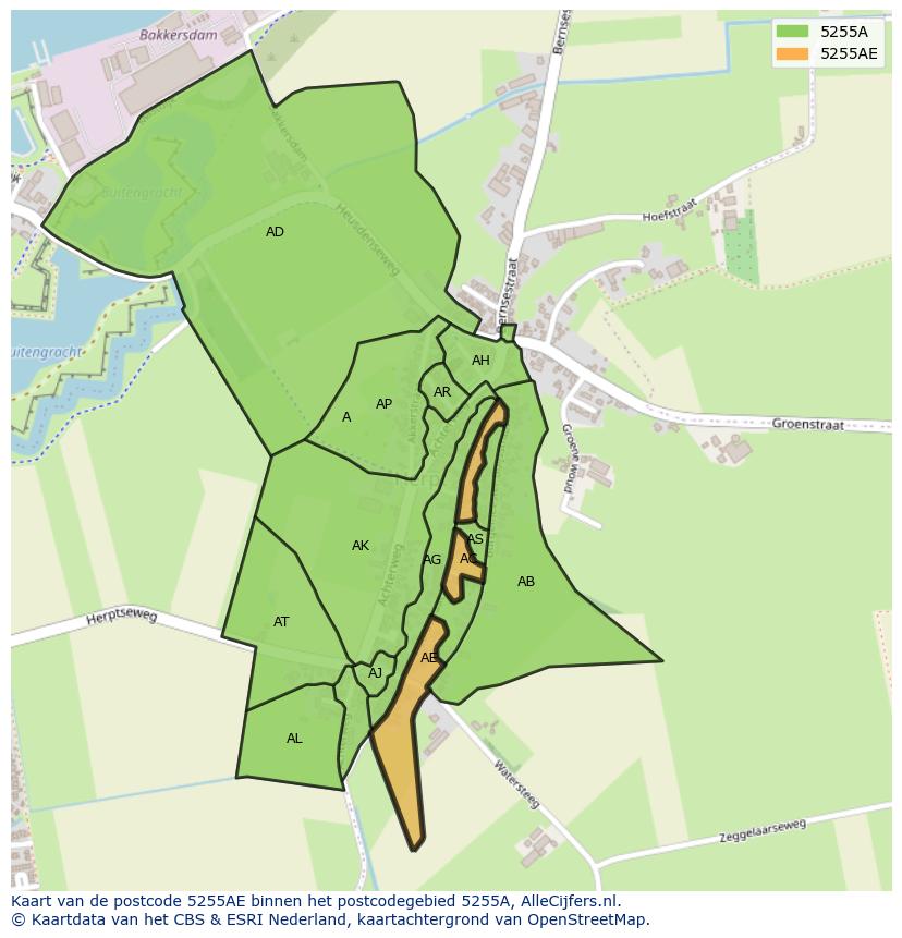 Afbeelding van het postcodegebied 5255 AE op de kaart.