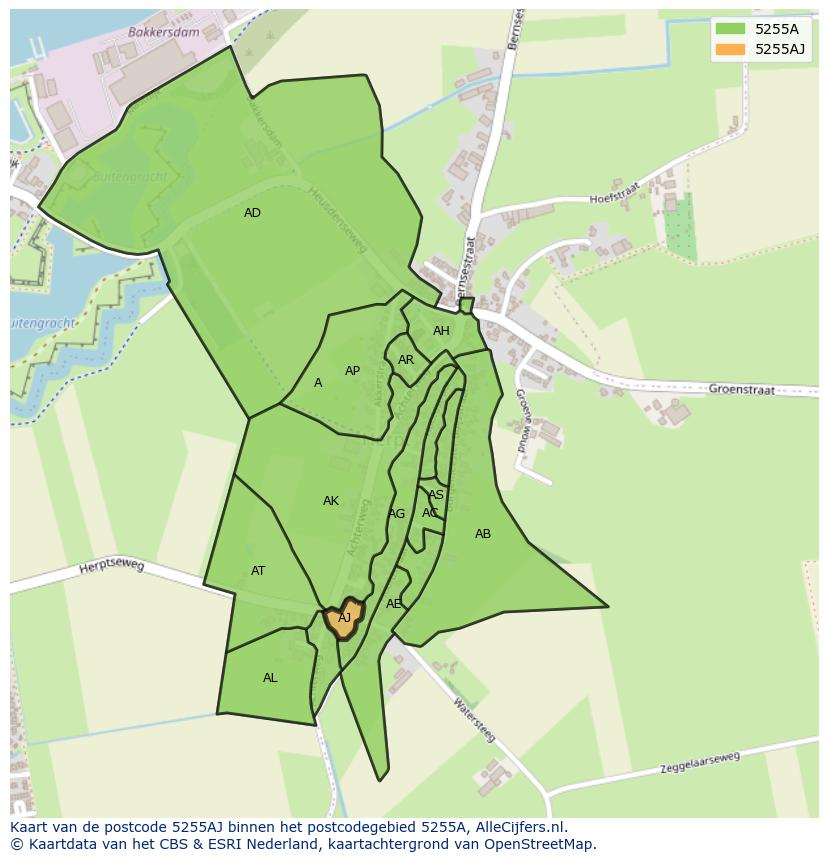 Afbeelding van het postcodegebied 5255 AJ op de kaart.