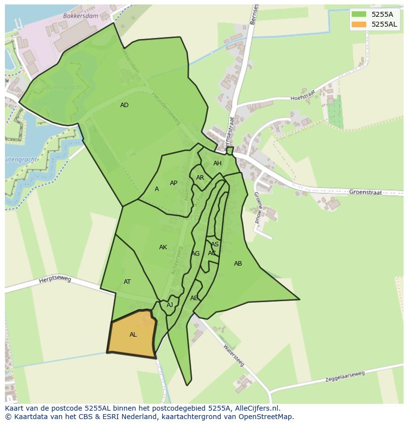 Afbeelding van het postcodegebied 5255 AL op de kaart.