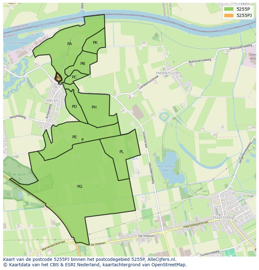 Afbeelding van het postcodegebied 5255 PJ op de kaart.