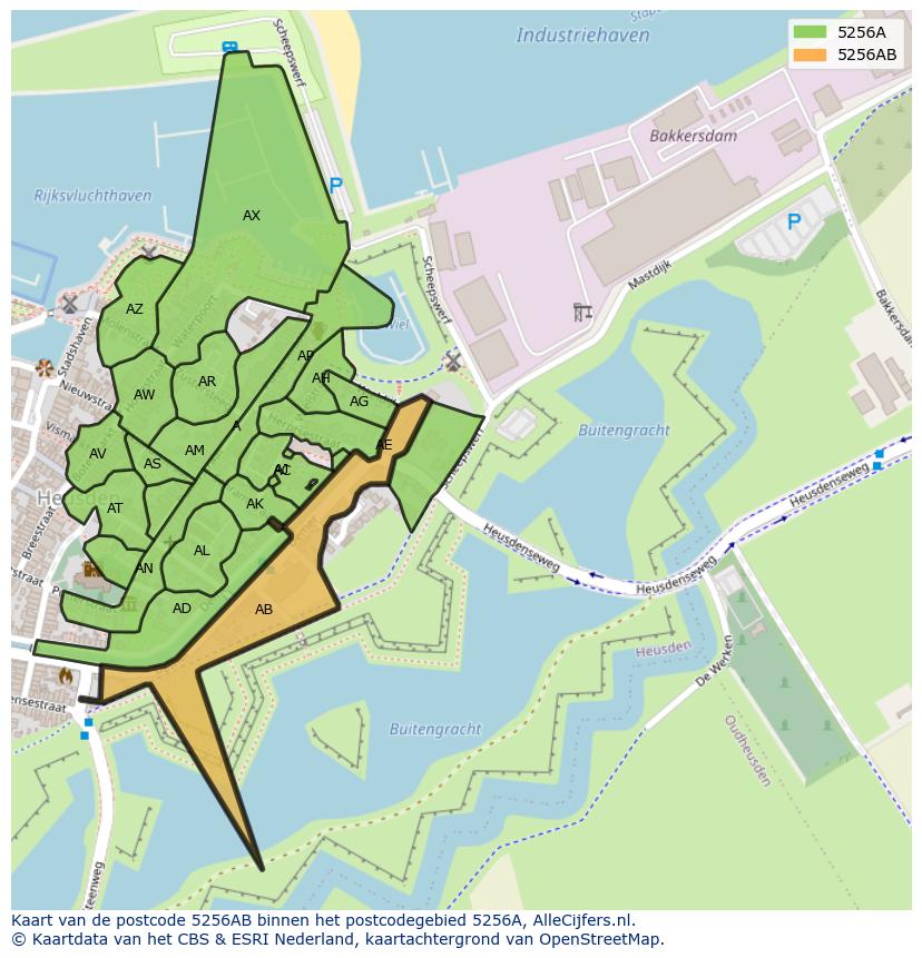 Afbeelding van het postcodegebied 5256 AB op de kaart.