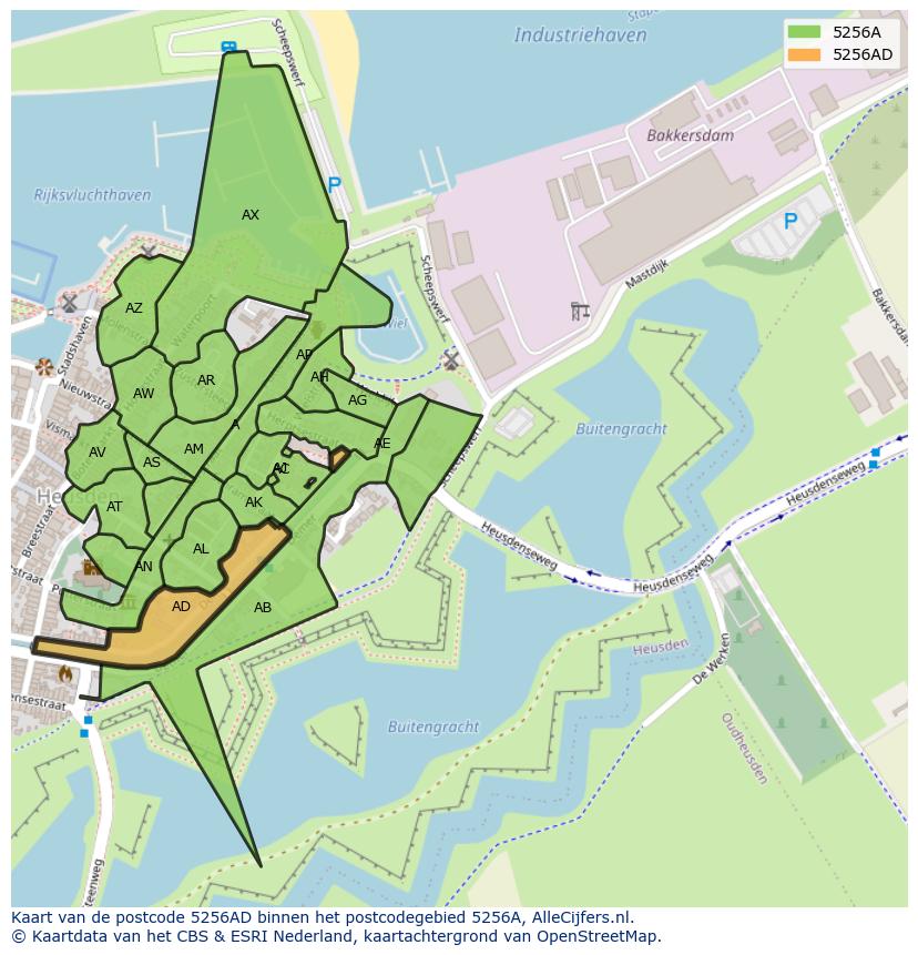 Afbeelding van het postcodegebied 5256 AD op de kaart.