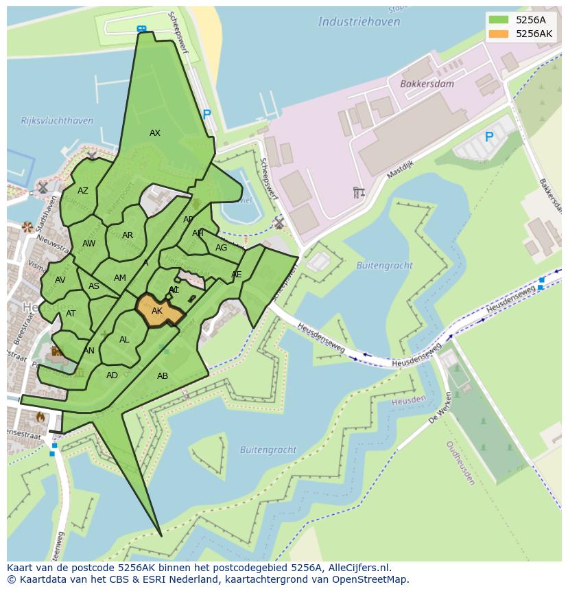 Afbeelding van het postcodegebied 5256 AK op de kaart.