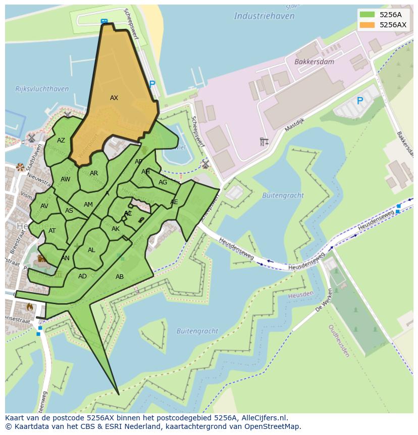 Afbeelding van het postcodegebied 5256 AX op de kaart.