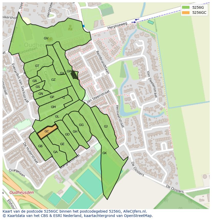 Afbeelding van het postcodegebied 5256 GC op de kaart.