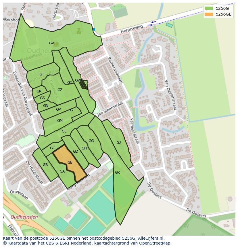 Afbeelding van het postcodegebied 5256 GE op de kaart.