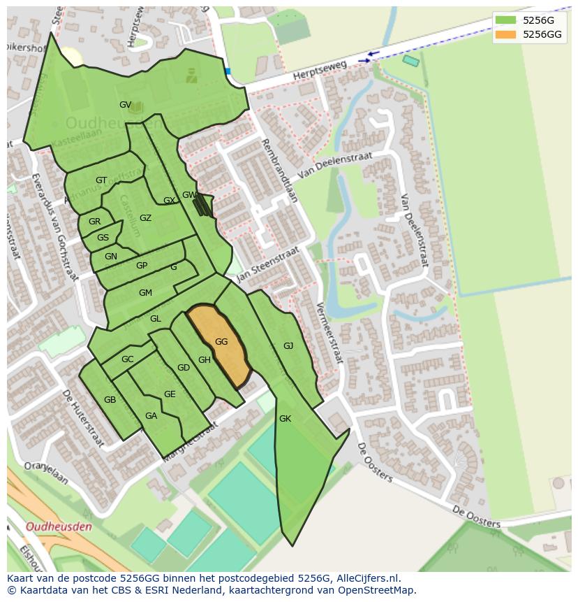 Afbeelding van het postcodegebied 5256 GG op de kaart.