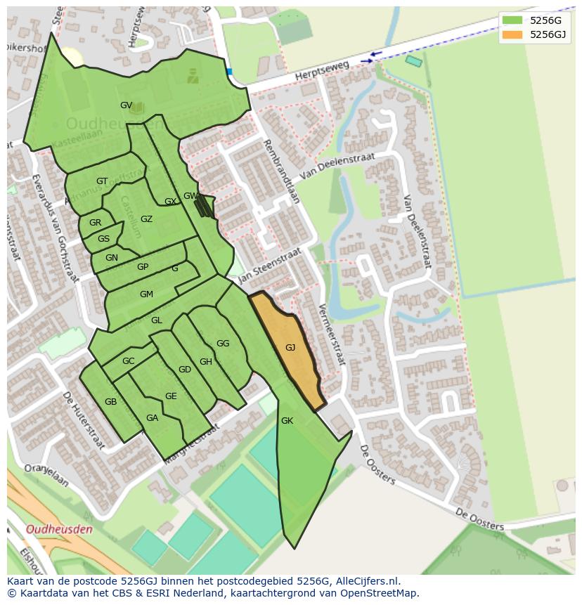 Afbeelding van het postcodegebied 5256 GJ op de kaart.