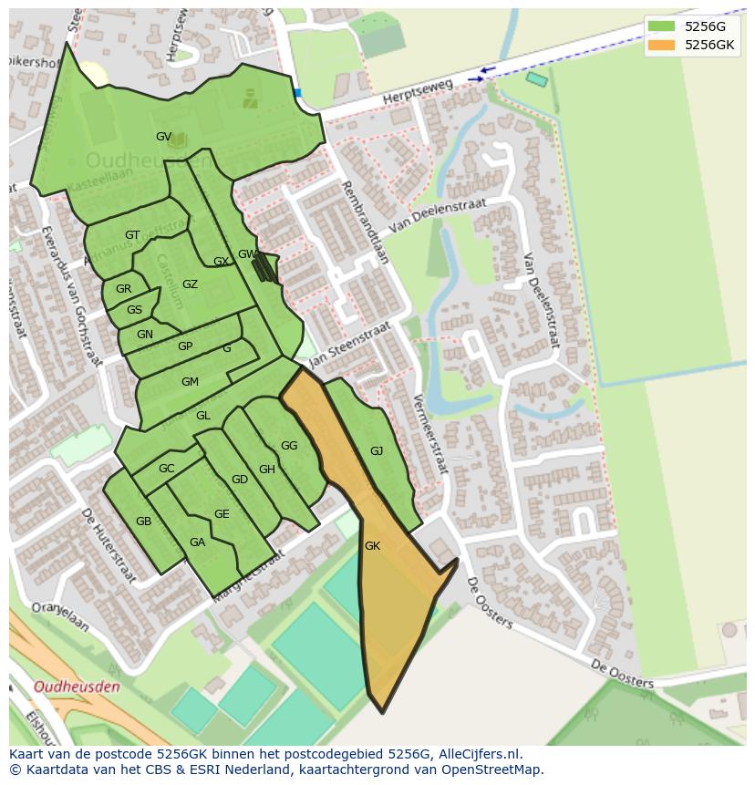 Afbeelding van het postcodegebied 5256 GK op de kaart.