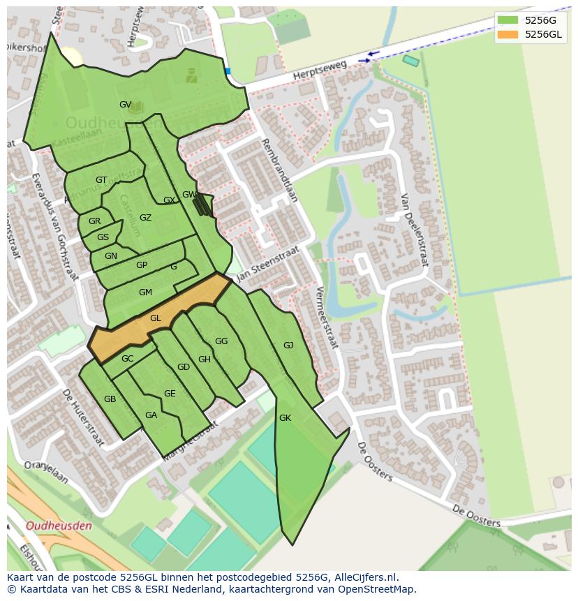 Afbeelding van het postcodegebied 5256 GL op de kaart.