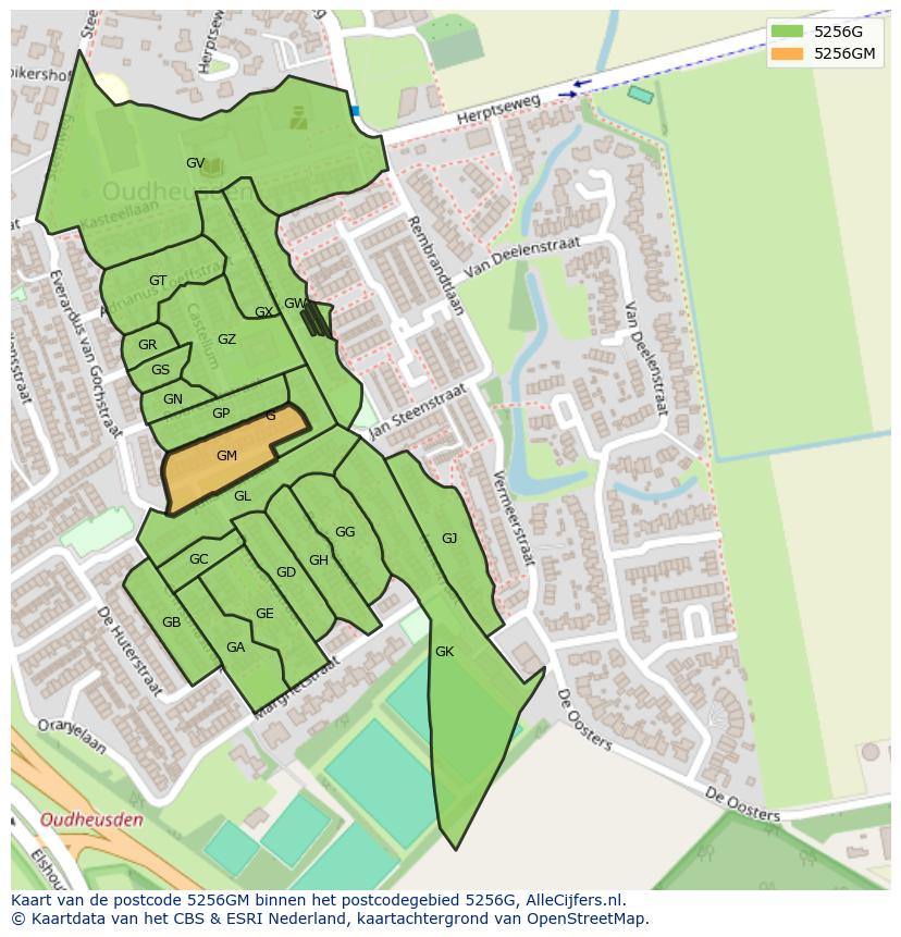 Afbeelding van het postcodegebied 5256 GM op de kaart.