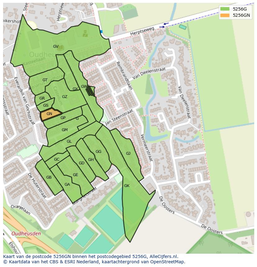 Afbeelding van het postcodegebied 5256 GN op de kaart.