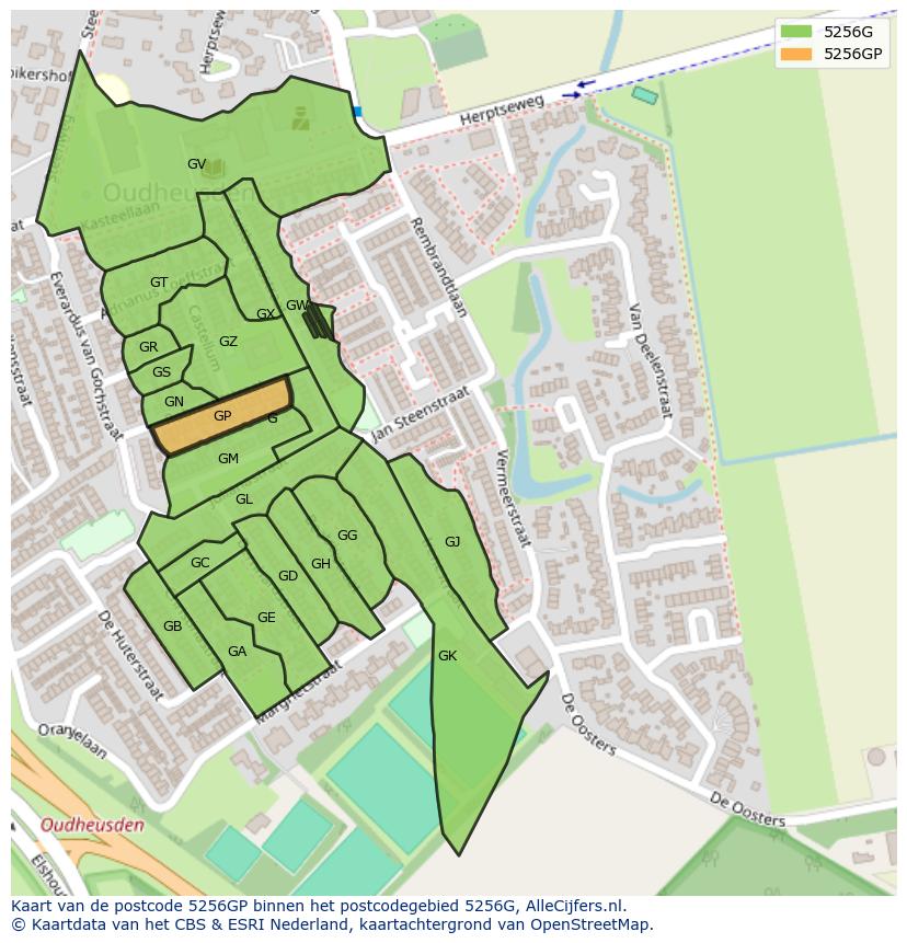 Afbeelding van het postcodegebied 5256 GP op de kaart.