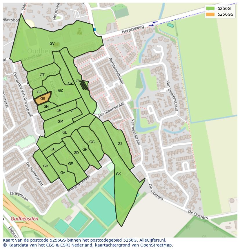Afbeelding van het postcodegebied 5256 GS op de kaart.