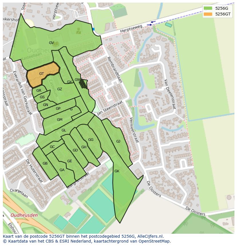 Afbeelding van het postcodegebied 5256 GT op de kaart.