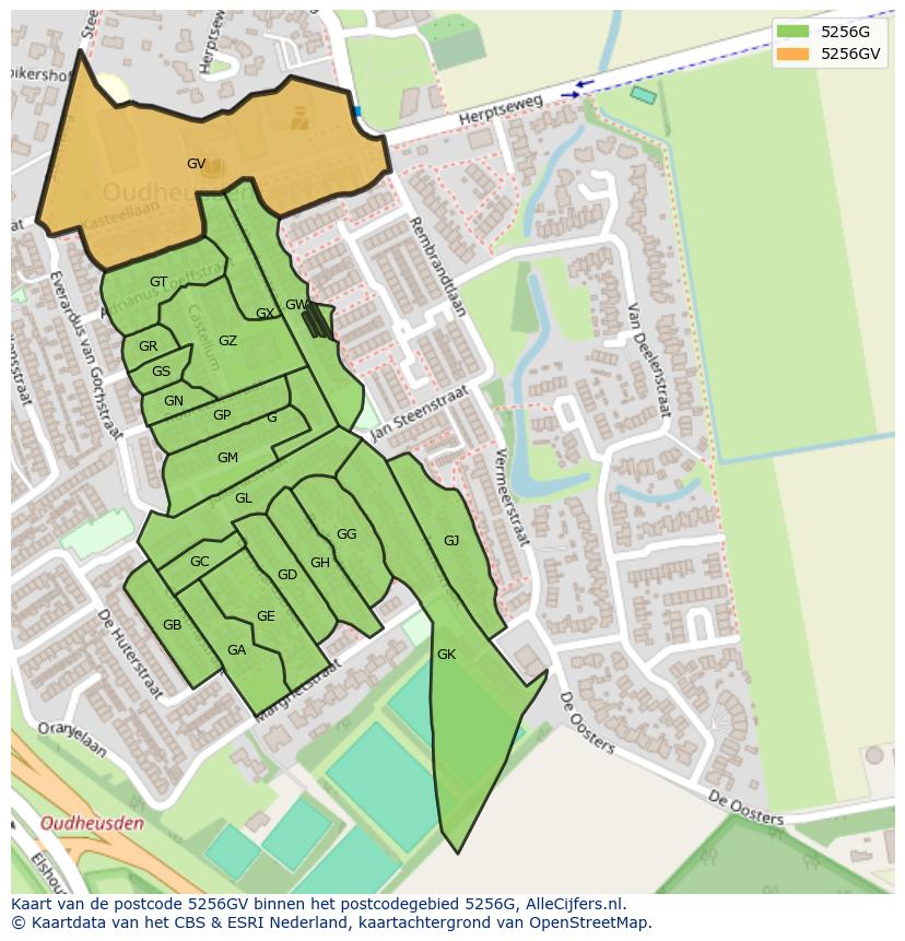 Afbeelding van het postcodegebied 5256 GV op de kaart.