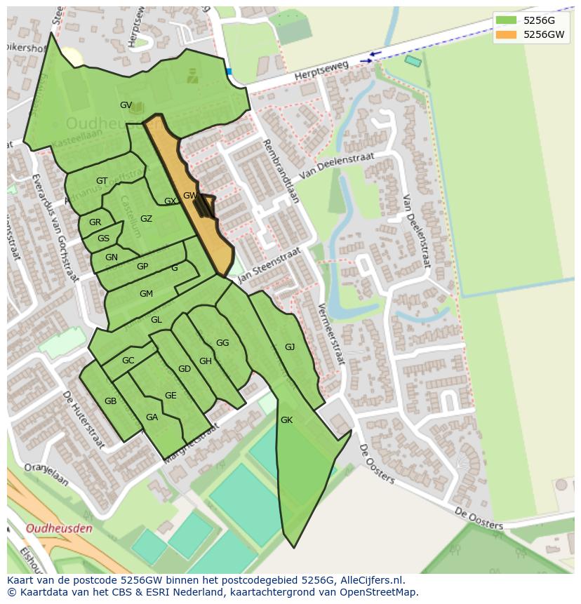 Afbeelding van het postcodegebied 5256 GW op de kaart.