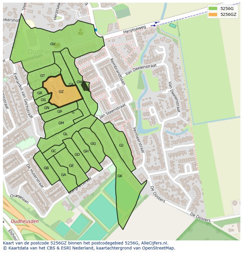 Afbeelding van het postcodegebied 5256 GZ op de kaart.