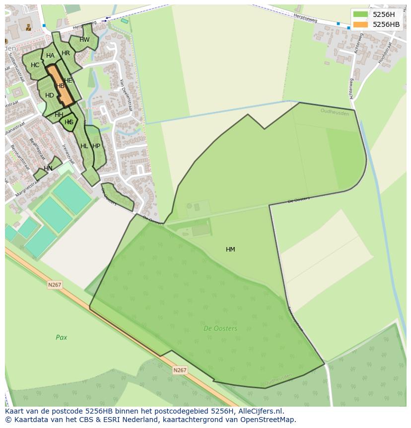 Afbeelding van het postcodegebied 5256 HB op de kaart.