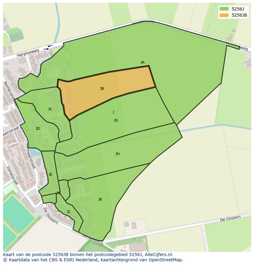 Afbeelding van het postcodegebied 5256 JB op de kaart.