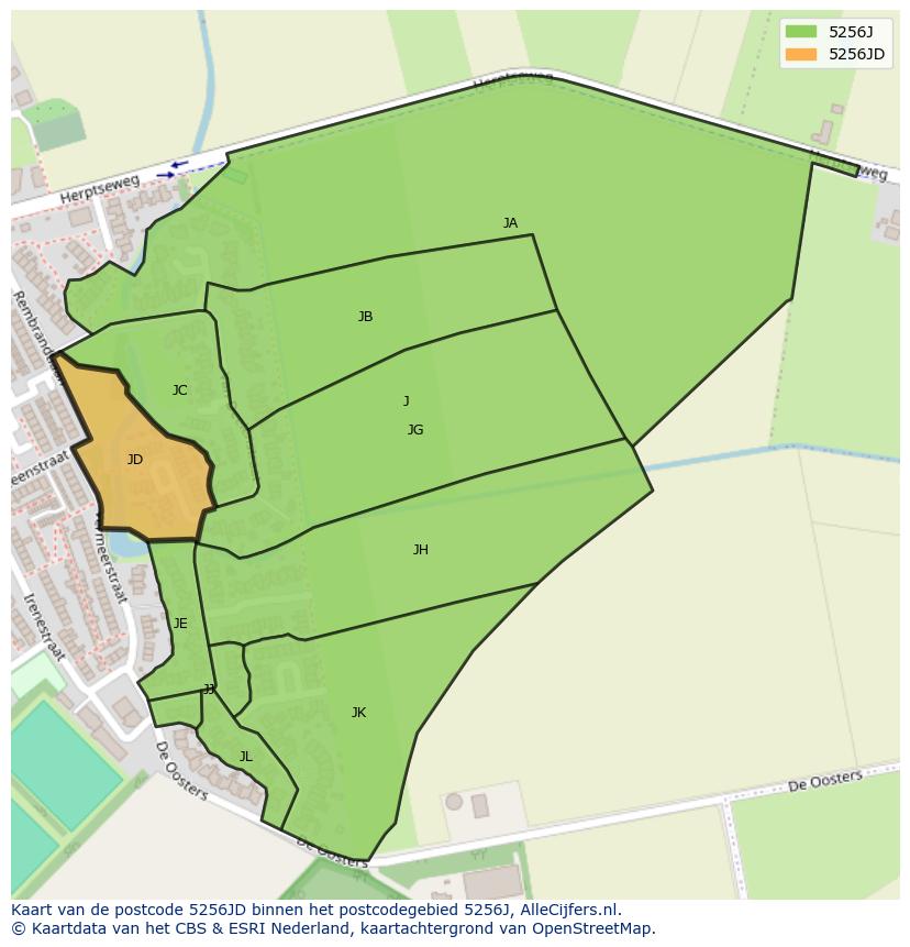 Afbeelding van het postcodegebied 5256 JD op de kaart.