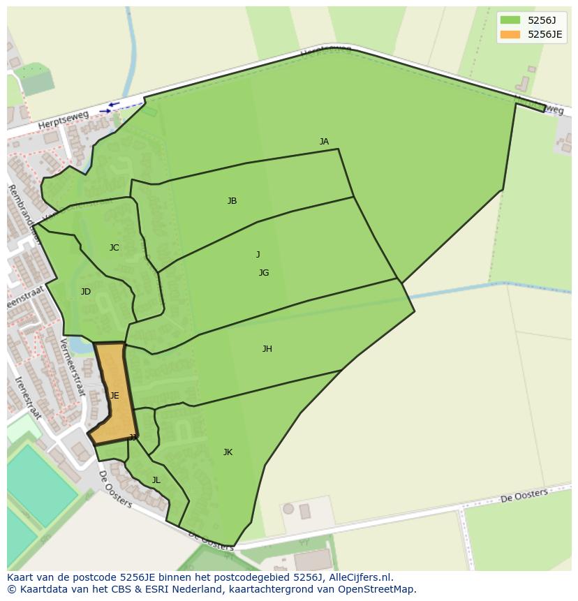 Afbeelding van het postcodegebied 5256 JE op de kaart.