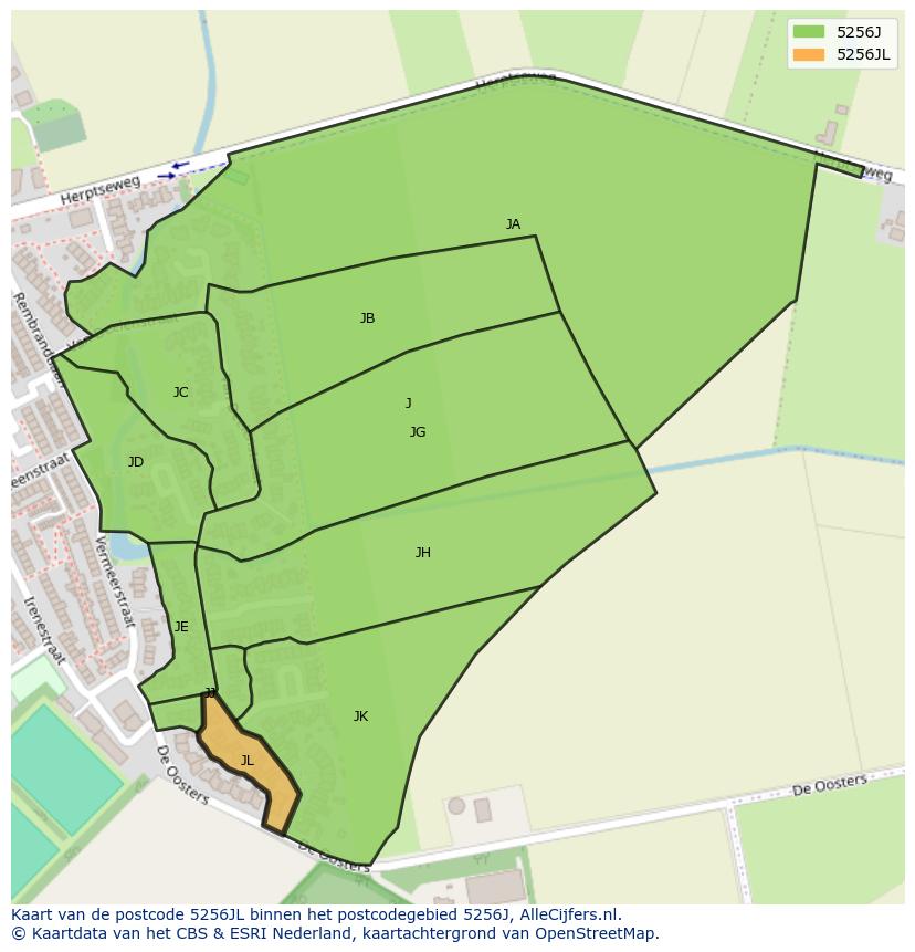 Afbeelding van het postcodegebied 5256 JL op de kaart.