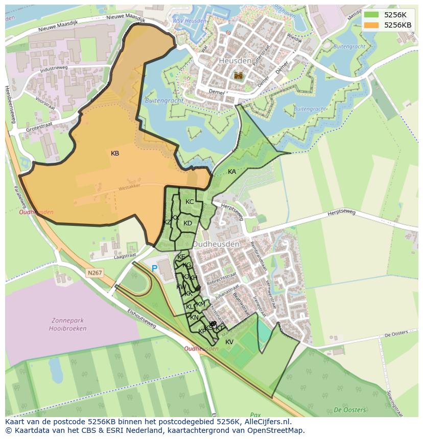 Afbeelding van het postcodegebied 5256 KB op de kaart.