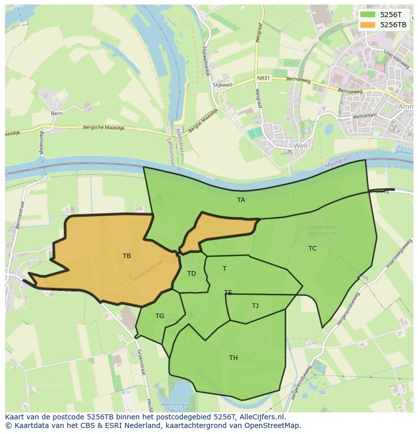 Afbeelding van het postcodegebied 5256 TB op de kaart.