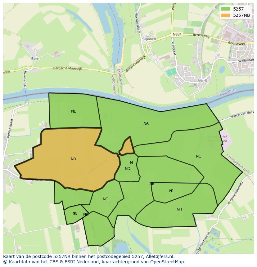 Afbeelding van het postcodegebied 5257 NB op de kaart.