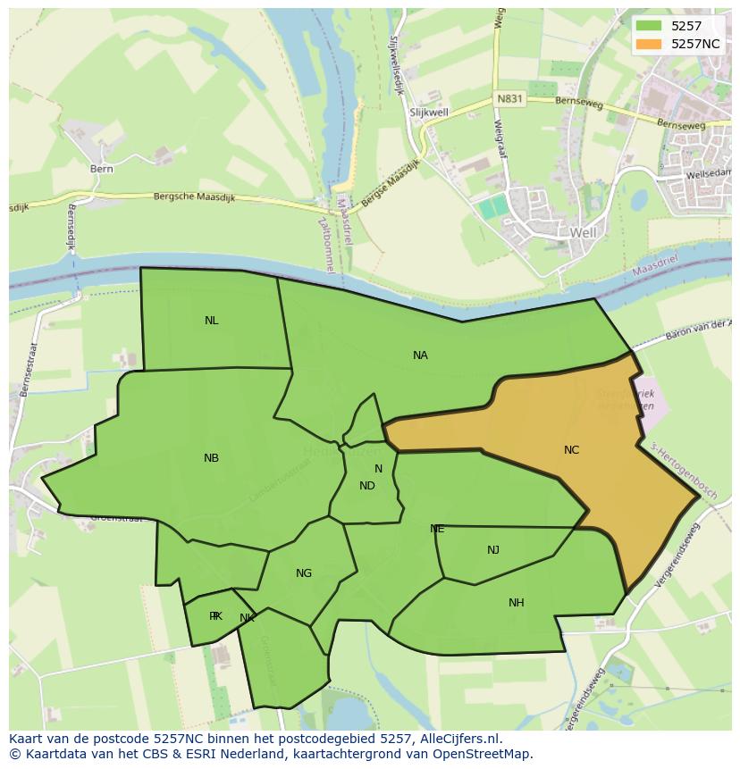 Afbeelding van het postcodegebied 5257 NC op de kaart.