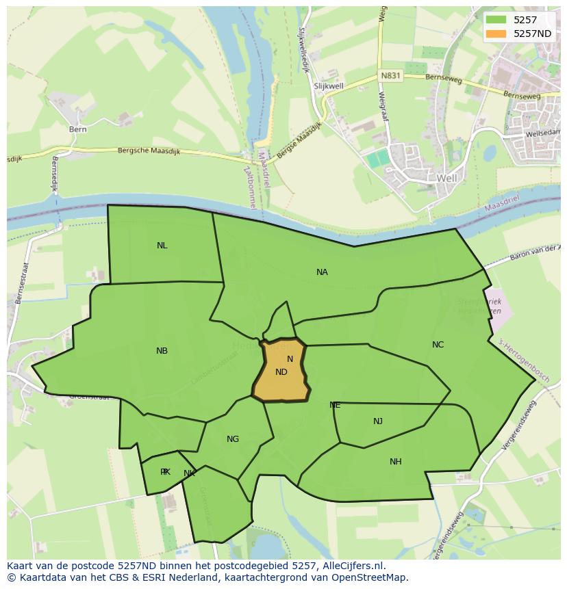 Afbeelding van het postcodegebied 5257 ND op de kaart.