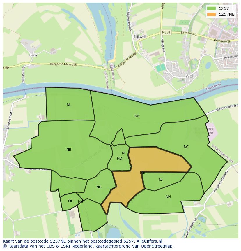 Afbeelding van het postcodegebied 5257 NE op de kaart.