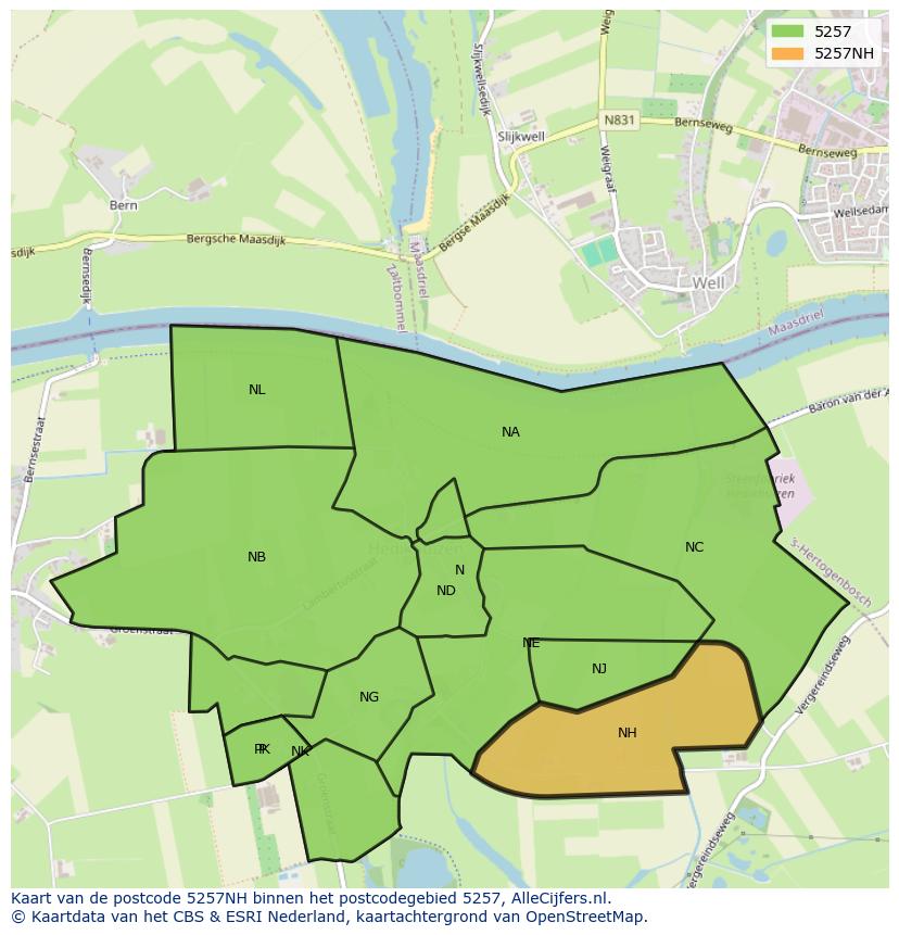 Afbeelding van het postcodegebied 5257 NH op de kaart.