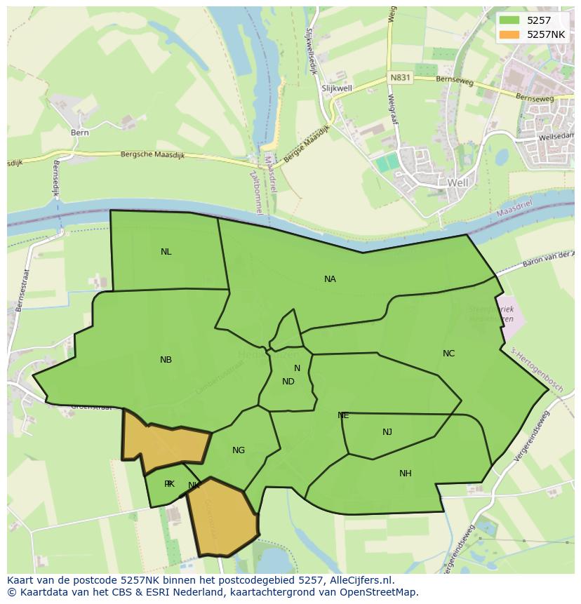 Afbeelding van het postcodegebied 5257 NK op de kaart.