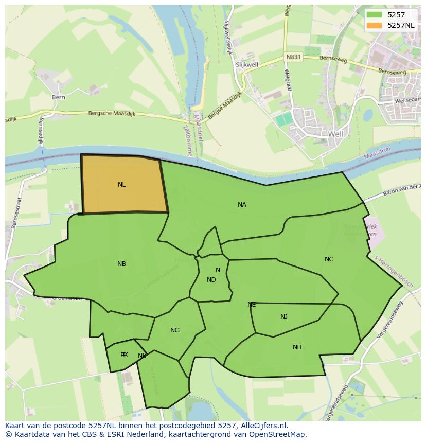 Afbeelding van het postcodegebied 5257 NL op de kaart.