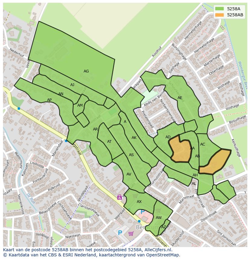 Afbeelding van het postcodegebied 5258 AB op de kaart.