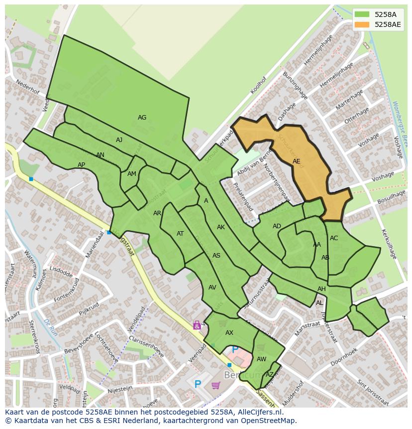 Afbeelding van het postcodegebied 5258 AE op de kaart.