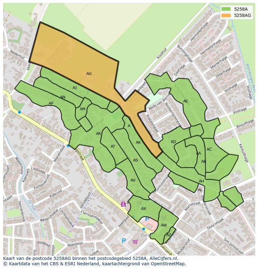 Afbeelding van het postcodegebied 5258 AG op de kaart.