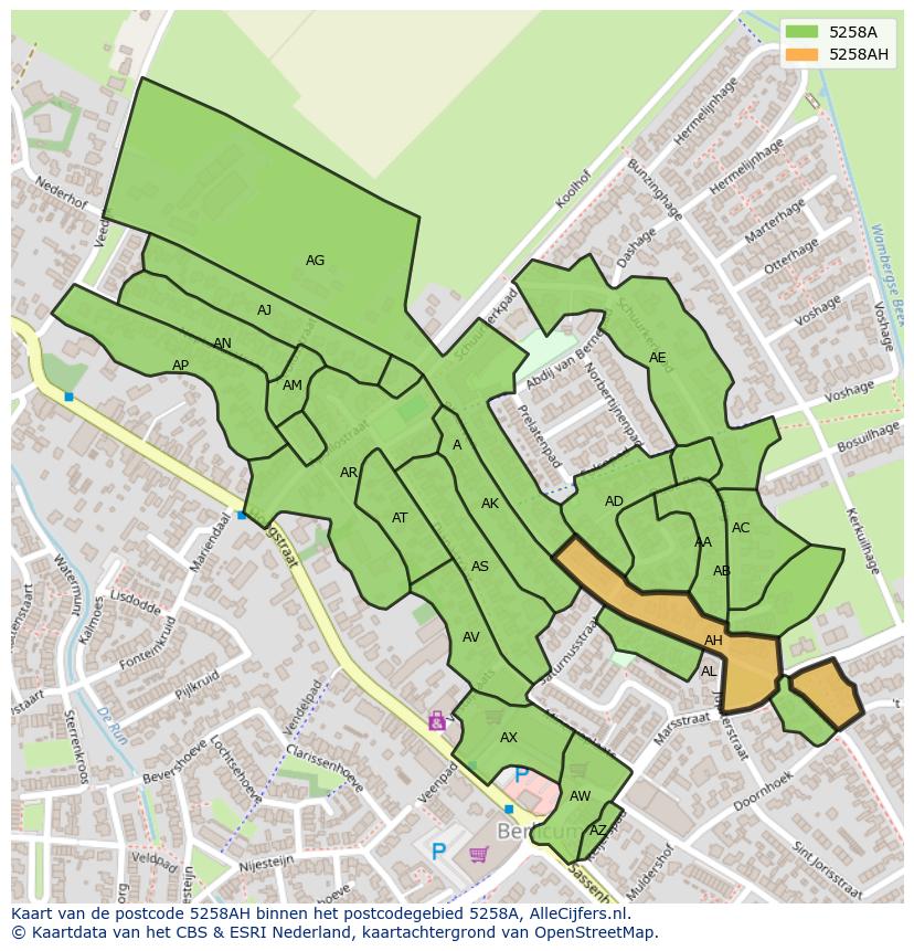 Afbeelding van het postcodegebied 5258 AH op de kaart.