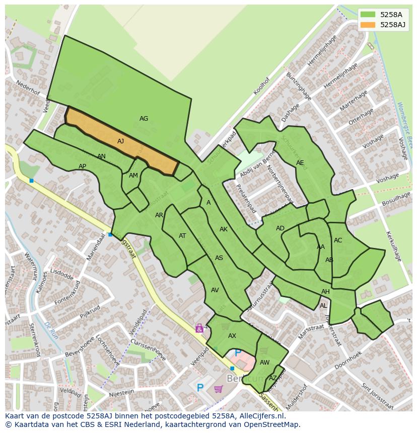 Afbeelding van het postcodegebied 5258 AJ op de kaart.