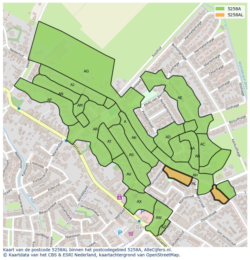 Afbeelding van het postcodegebied 5258 AL op de kaart.