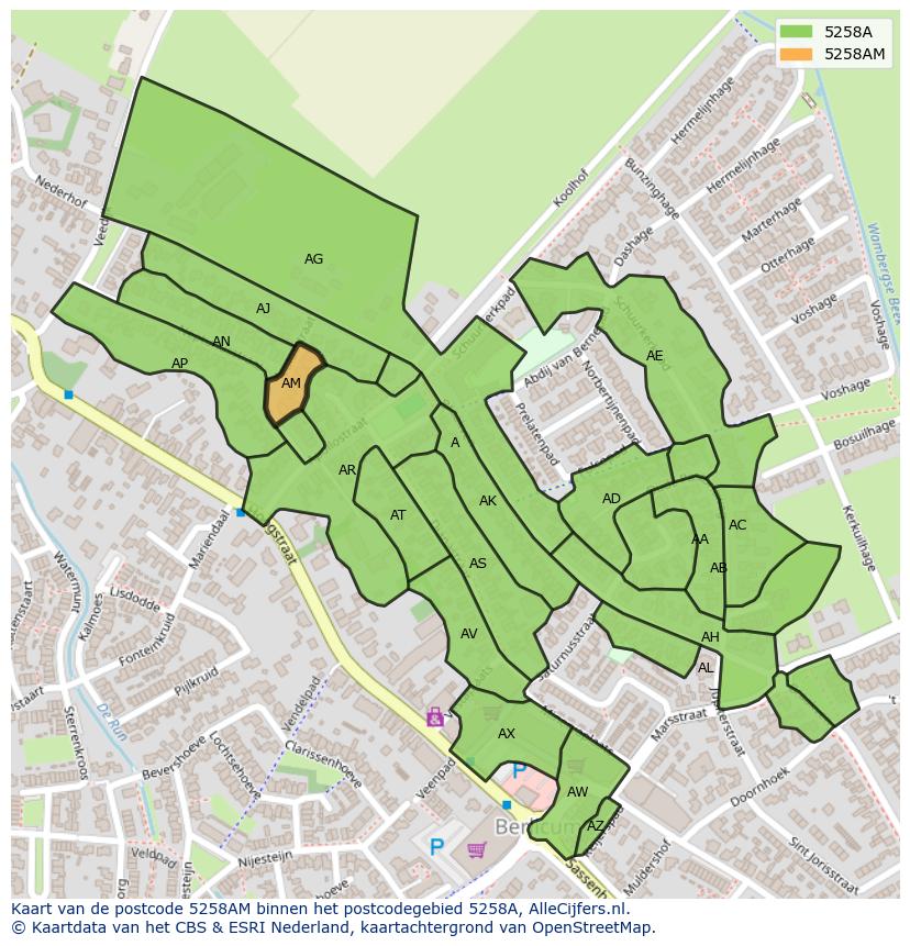 Afbeelding van het postcodegebied 5258 AM op de kaart.