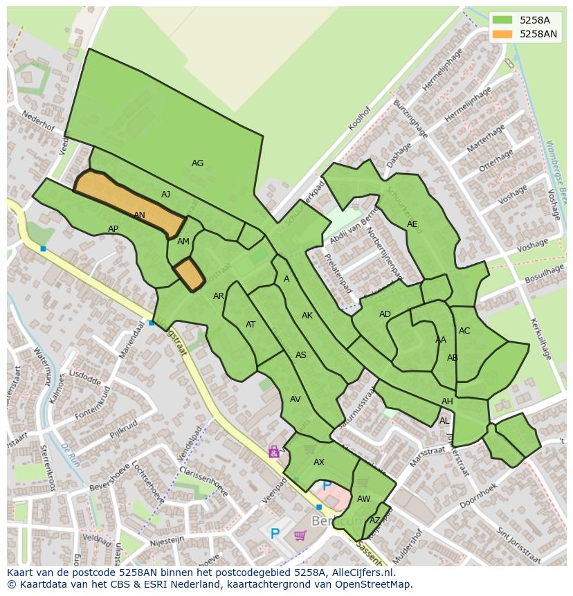 Afbeelding van het postcodegebied 5258 AN op de kaart.